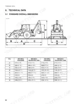 komatsu-wb140-2-wb150-2-backhoe-loader-operator-manual-weam000904-specs-69.webp Komatsu WB140-2, WB150-2 backhoe loader standard overall dimensions diagram and specification table for machine models.