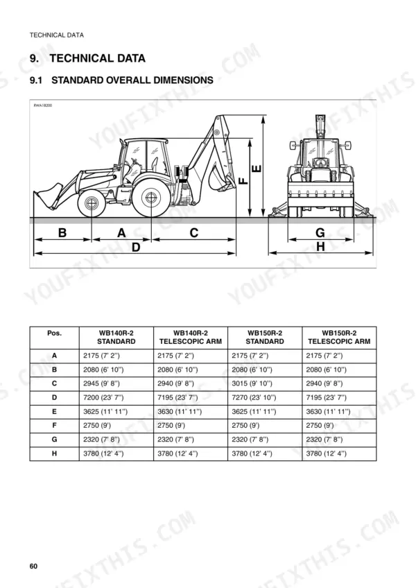 Komatsu WB140-2, WB150-2 backhoe loader standard overall dimensions diagram and specification table for machine models.