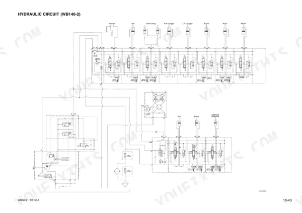Komatsu WB140-2, WB150-2 hydraulic circuit diagram showing control valves, outriggers, boom, bucket, and arm cylinder systems.