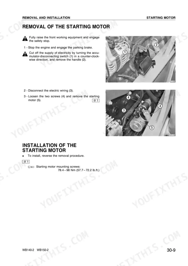 Komatsu WB140-2, WB150-2 starting motor removal and installation procedure with torque specs and component photos.