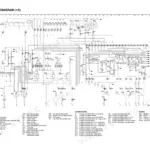 Komatsu WB140-2, WB150-2 electrical diagram showing starter, relays, fuses, and component connector list.