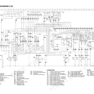 Komatsu WB140-2, WB150-2 electrical diagram showing starter, relays, fuses, and component connector list.
