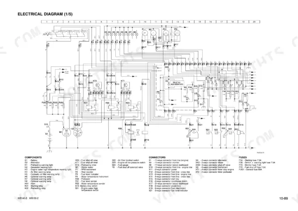 komatsu-wb140-2-wb150-2-backhoe-loader-shop-manual-webm001102-wiring-98.webp Komatsu WB140-2, WB150-2 electrical diagram showing starter, relays, fuses, and component connector list.