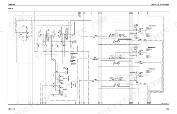 Komatsu WB146-5 hydraulic circuit diagram showing swing, bucket, and boom control valves, differential lock, and loader functions.