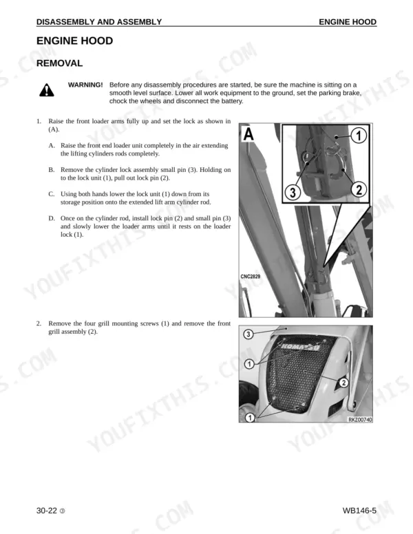 Komatsu WB146-5 engine hood removal procedure, showing loader arm lock installation and front grill assembly removal steps.