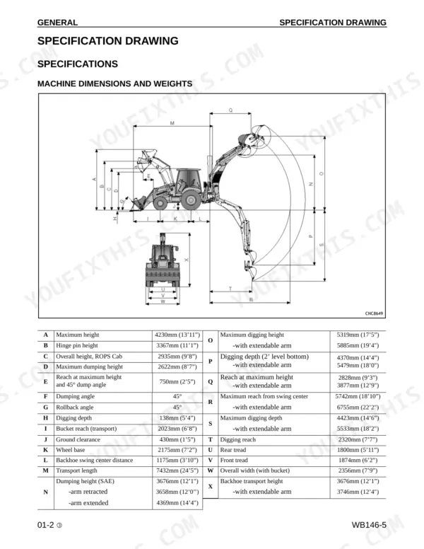 Komatsu WB146-5 specification drawing showing machine dimensions, weights, and backhoe digging reach table.
