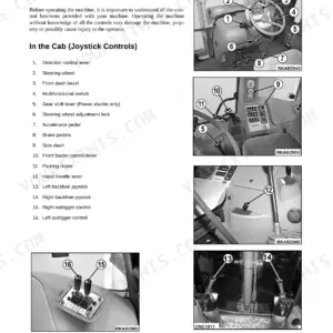 Komatsu WB146-5, WB146PS-5 operator manual page showing joystick and cab control identification diagrams.