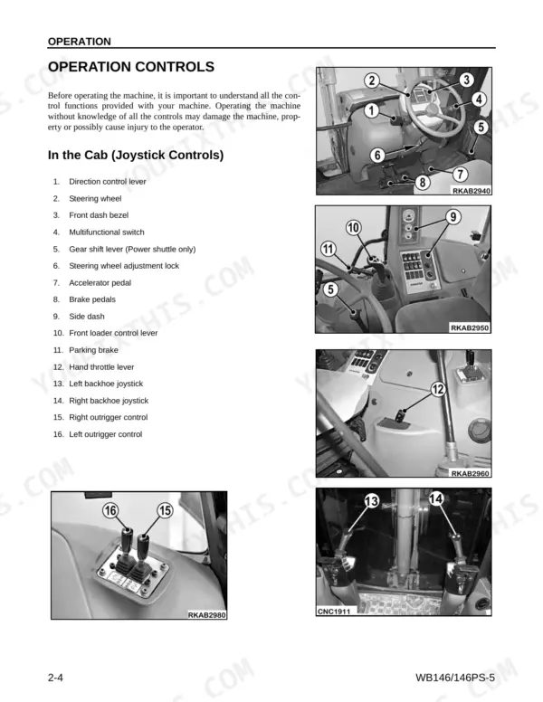 komatsu-wb146-5-wb146ps-5-backhoe-loader-operator-manual-ceam016605-controls-70.webp Komatsu WB146-5, WB146PS-5 operator manual page showing joystick and cab control identification diagrams.
