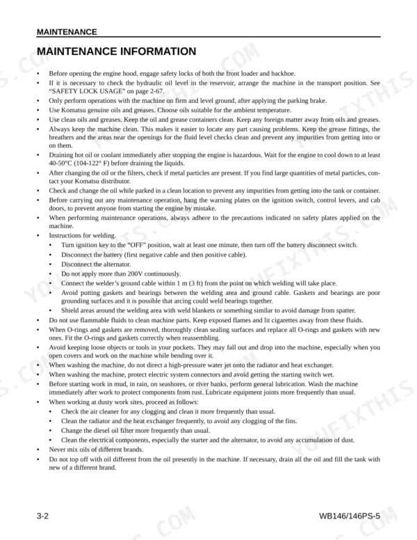 Komatsu WB146-5, WB146PS-5 maintenance information page detailing safety precautions, welding instructions, and cleaning procedures.