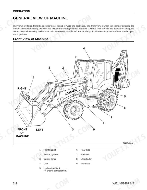 Komatsu WB146-5, WB146PS-5 general machine view diagram showing front bucket, cab, axles, and hydraulic components.