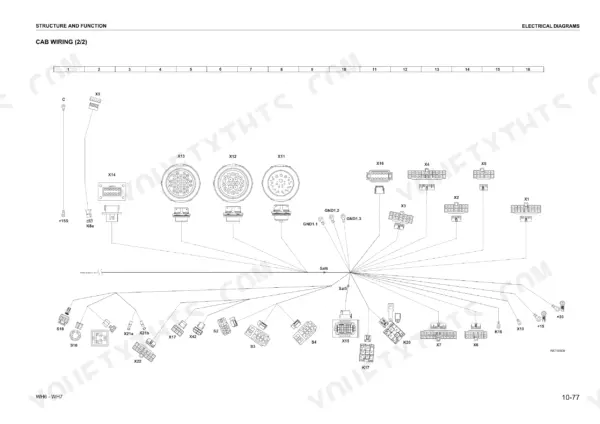 Komatsu WH609-1, WH613-1, WH713-1, WH714-1, WH714H-1, WH716-1 cab wiring diagram showing electrical connectors X1-X22 and ground points.