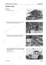 komatsu-wh609-1-variants-telescopic-handler-shop-manual-webm005700-procedures-239.webp Komatsu WH609-1, WH613-1, WH713-1, WH714-1, WH714H-1, WH716-1 engine hood removal procedure with hinge and gas damper diagrams.