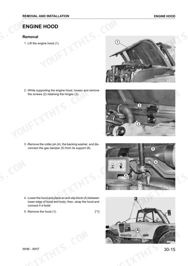 Komatsu WH609-1, WH613-1, WH713-1, WH714-1, WH714H-1, WH716-1 engine hood removal procedure with hinge and gas damper diagrams.