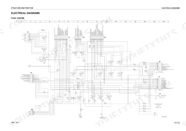 komatsu-wh609-1-variants-telescopic-handler-shop-manual-webm005700-wiring-101.webp Komatsu WH609-1, WH613-1, WH713-1, WH714-1, WH714H-1, WH716-1 electrical diagram of the fuse center and relay unit wiring.