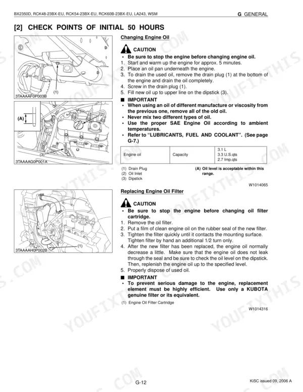 Kubota BX2350D, RCK48-23BX-EU, RCK54-23BX-EU, RCK60B-23BX-EU, LA243 procedures for changing engine oil and replacing the oil filter.