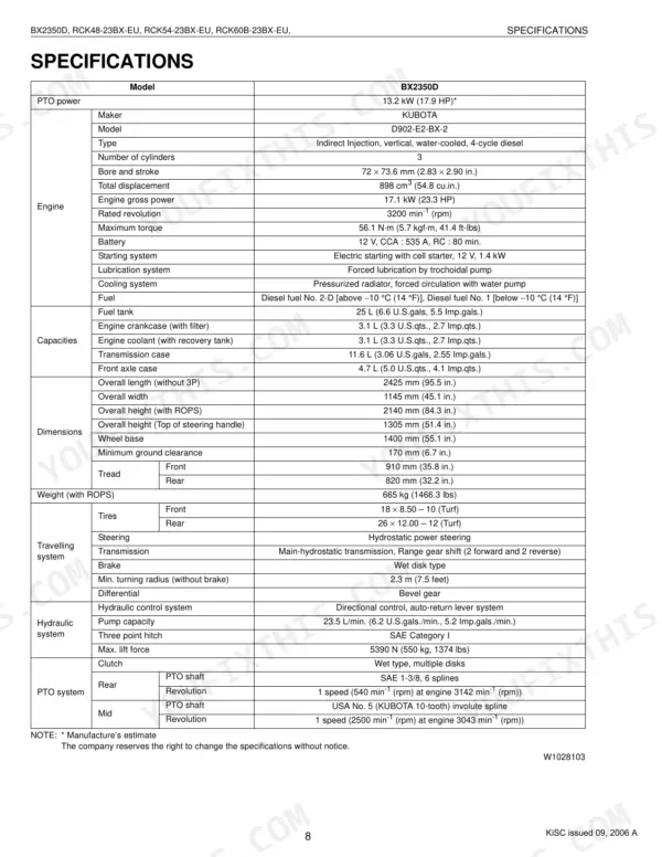 Kubota BX2350D, RCK48-23BX-EU, RCK54-23BX-EU, RCK60B-23BX-EU, LA243 technical specifications table for engine, dimensions, and systems.