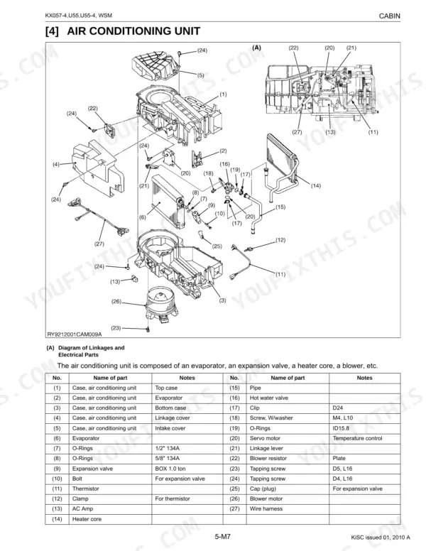 Kubota KX057-4, U55-4 exploded view diagram and parts list for the air conditioning unit and blower assembly.