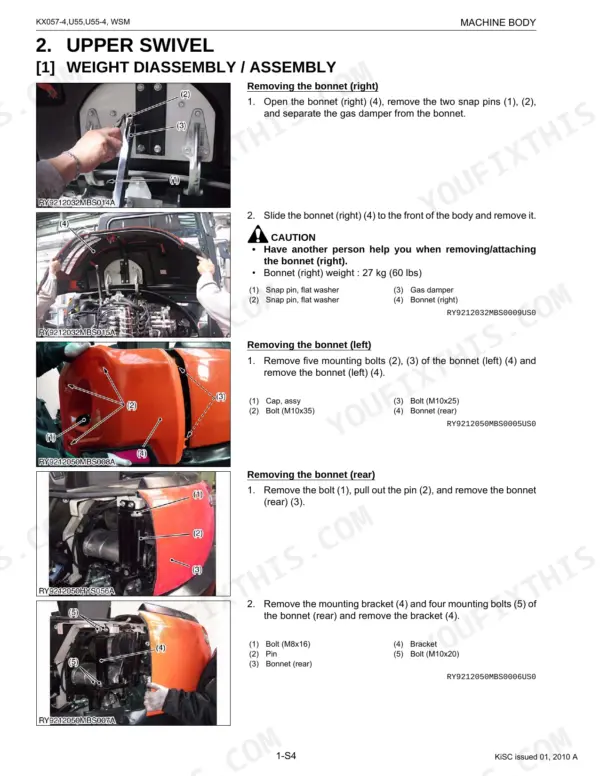 Kubota KX057-4, U55-4 service manual procedures for removing and assembling the right, left, and rear engine bonnets.