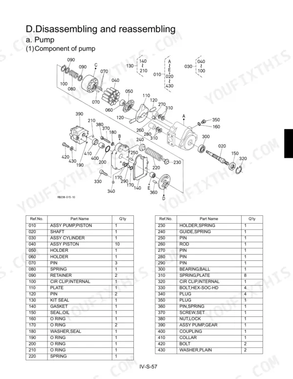 Kubota KX36-3, KX41-3S, KX41-3V exploded view diagram and parts list for hydraulic piston pump disassembly and assembly.