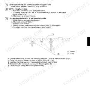 Kubota KX36-3, KX41-3S, KX41-3V wire harness installation precautions and clamping diagram showing harness and clamp positions.