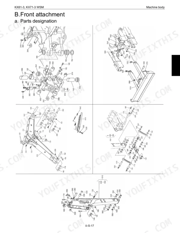 Kubota KX61-3, KX71-3 exploded view diagrams of front attachment parts including boom, arm, bucket, and dozer blade components.