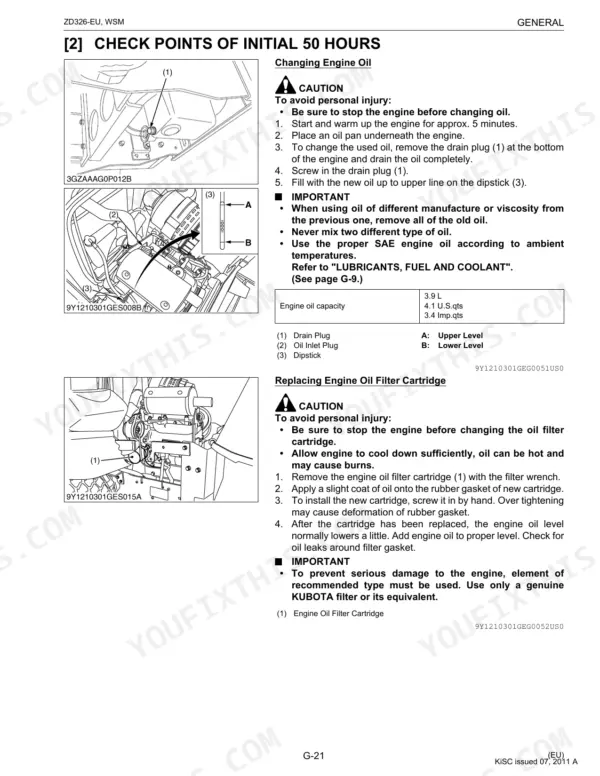 Kubota ZD326-EU, ZD326-60-EU, ZD326-60R-EU, RCK60P-326Z-EU, RCK60R-326Z-EU engine oil change and filter replacement procedures.