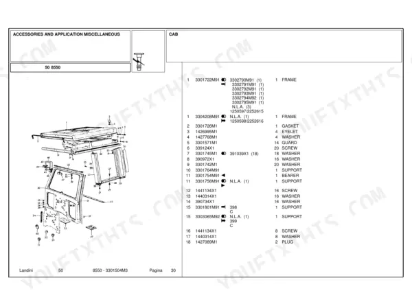 Landini 50, 8550 exploded view diagram and parts list for tractor cab frame, gaskets, eyelets, and hardware components.