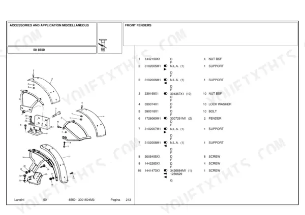 Landini 50, 8550 parts diagram for front fenders, including support brackets, bolts, nuts, and washers with part numbers.