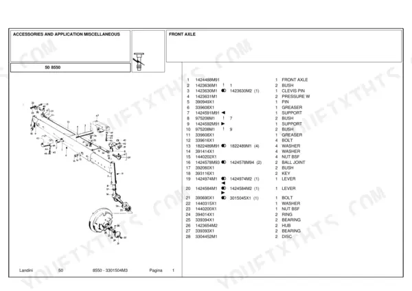 Landini 50, 8550 exploded view diagram and parts list for front axle assembly, including hub, bearings, and steering components.
