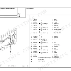 Landini 50, 8550 exploded view parts diagram and table for the engine rocker arm assembly including shafts, springs, and tappets.