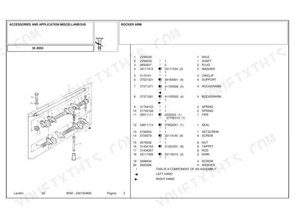 landini-50-8550-tractor-parts-catalog-3301504m3-engine-parts-3.webp Landini 50, 8550 exploded view parts diagram and table for the engine rocker arm assembly including shafts, springs, and tappets.