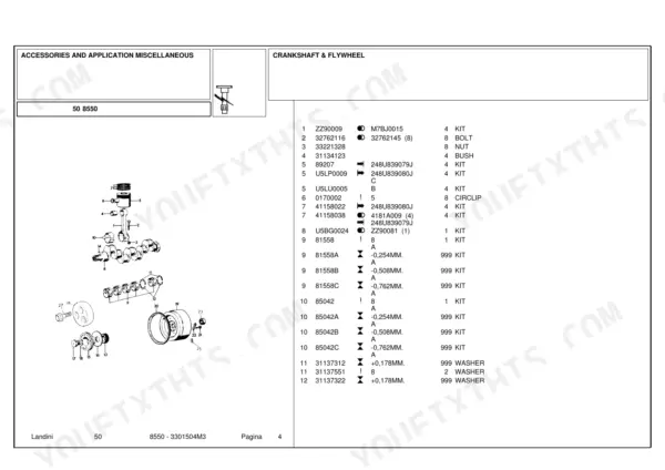 Landini 50, 8550 exploded view of crankshaft, flywheel, and piston assembly with corresponding parts list table.