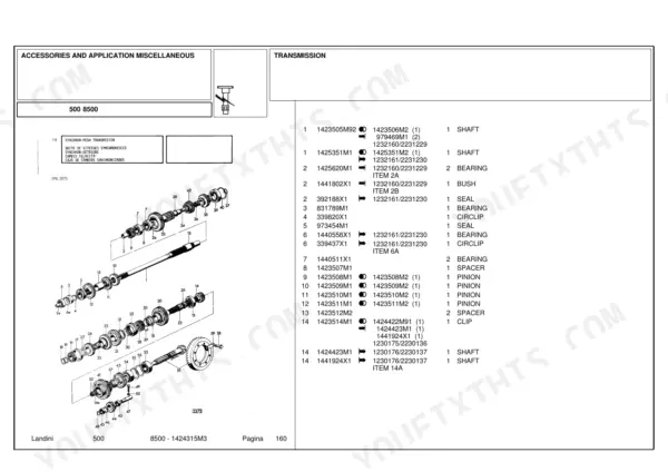 Landini 500, 8500 transmission synchron-mesh exploded view and parts list for shafts, bearings, and pinions.
