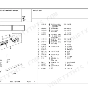 Landini 500, 8500 exploded view diagram and parts list for engine rocker arm assembly, valves, springs, and seals.