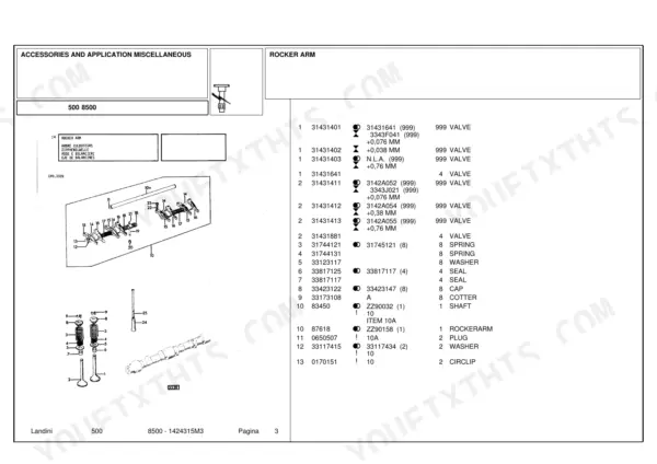 landini-500-tractor-parts-catalog-1424315m3-engine-parts-3.webp Landini 500, 8500 exploded view diagram and parts list for engine rocker arm assembly, valves, springs, and seals.