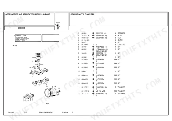 Landini 500, 8500 parts list and exploded view diagram for crankshaft, flywheel, piston, and connecting rod components.