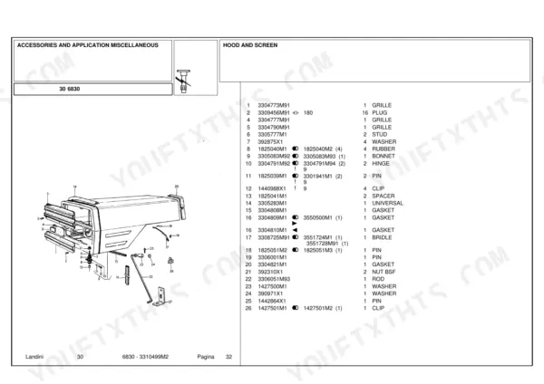 Landini 6830 exploded view diagram and parts list for tractor hood and screen assembly components.