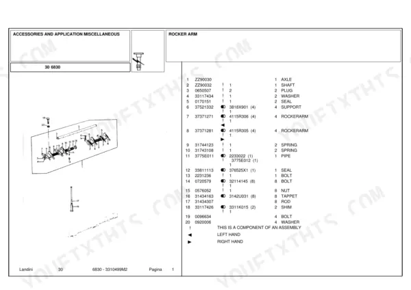landini-6830-tractor-parts-catalog-6830-3310499m2-engine-parts-1.webp Landini 6830 parts catalog page showing an exploded view diagram and parts list for the engine rocker arm assembly.