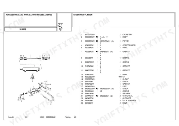 Landini 6830 steering cylinder exploded view diagram and parts list with reference numbers for seals, gaskets, and piston components.