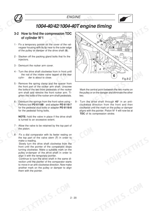 Landini Trekker 70-100 engine timing procedure for finding compression TDC of cylinder number 1.