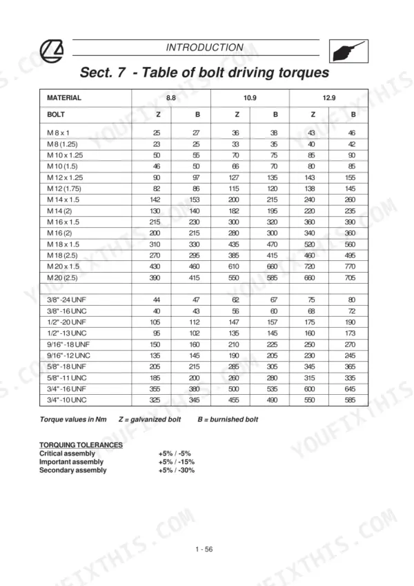 Landini Trekker 70-100 bolt driving torque specifications table and assembly tolerances.