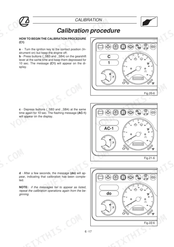 Landini Rex 70GT-100F/GT Deltashift calibration procedure steps and instrument cluster display messages C1, AC-1, and do.