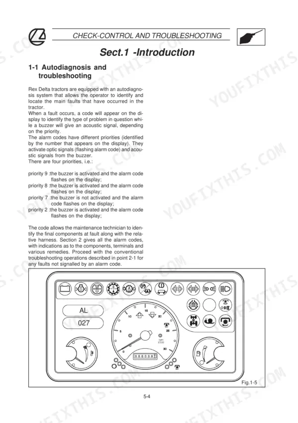 Landini Rex 70GT-100F/GT Deltashift autodiagnosis and alarm code priority guide.