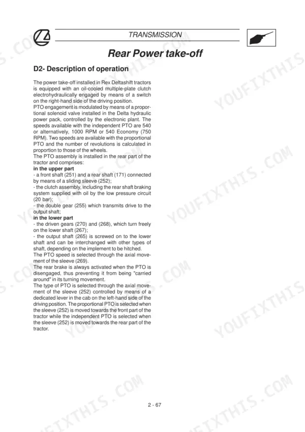 Landini Rex 70GT-100F/GT Deltashift rear PTO operation description and components.