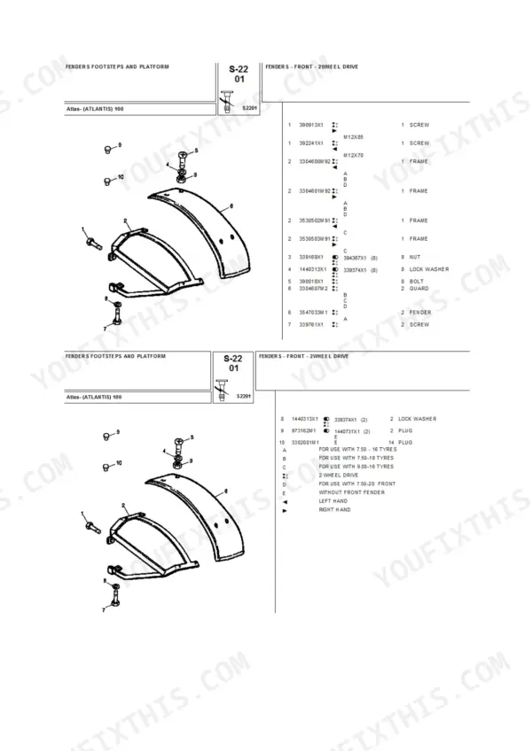 Landini Atlas 100 parts diagram for front 2WD fenders, hardware, and mounting frame.