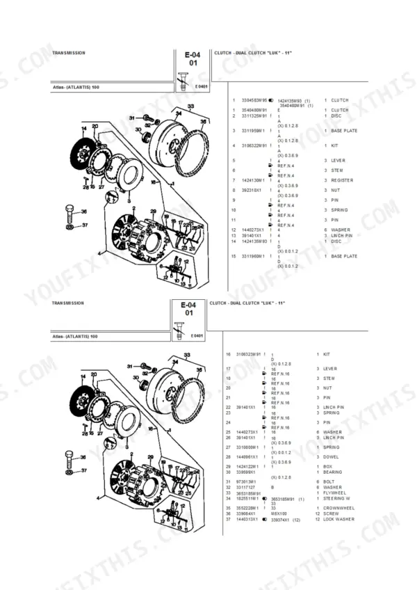Landini Atlas 100 exploded view of LUK dual clutch assembly and parts list.