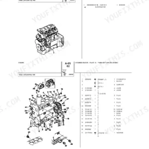 Landini Atlas 100 exploded view of 1004-40T engine assembly and cylinder block parts list.