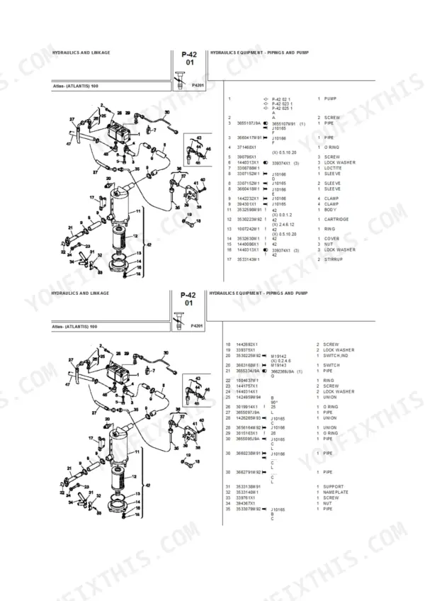 Landini Atlas 100 exploded view of hydraulic pump, piping, and filter components.