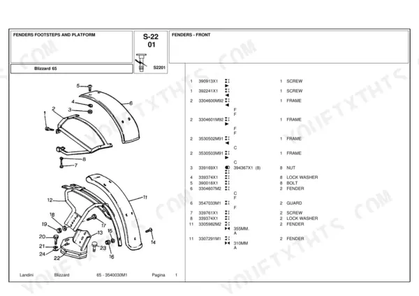 Landini Blizzard 65 exploded view diagram of front fenders, footsteps, and platform parts list with component reference numbers.