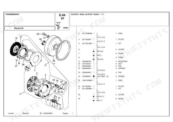 Landini Blizzard 65 transmission dual clutch O.M.G. 11 exploded view parts diagram and reference list.